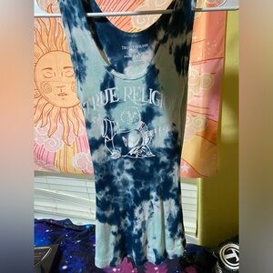 blue and pink true religion tank tops